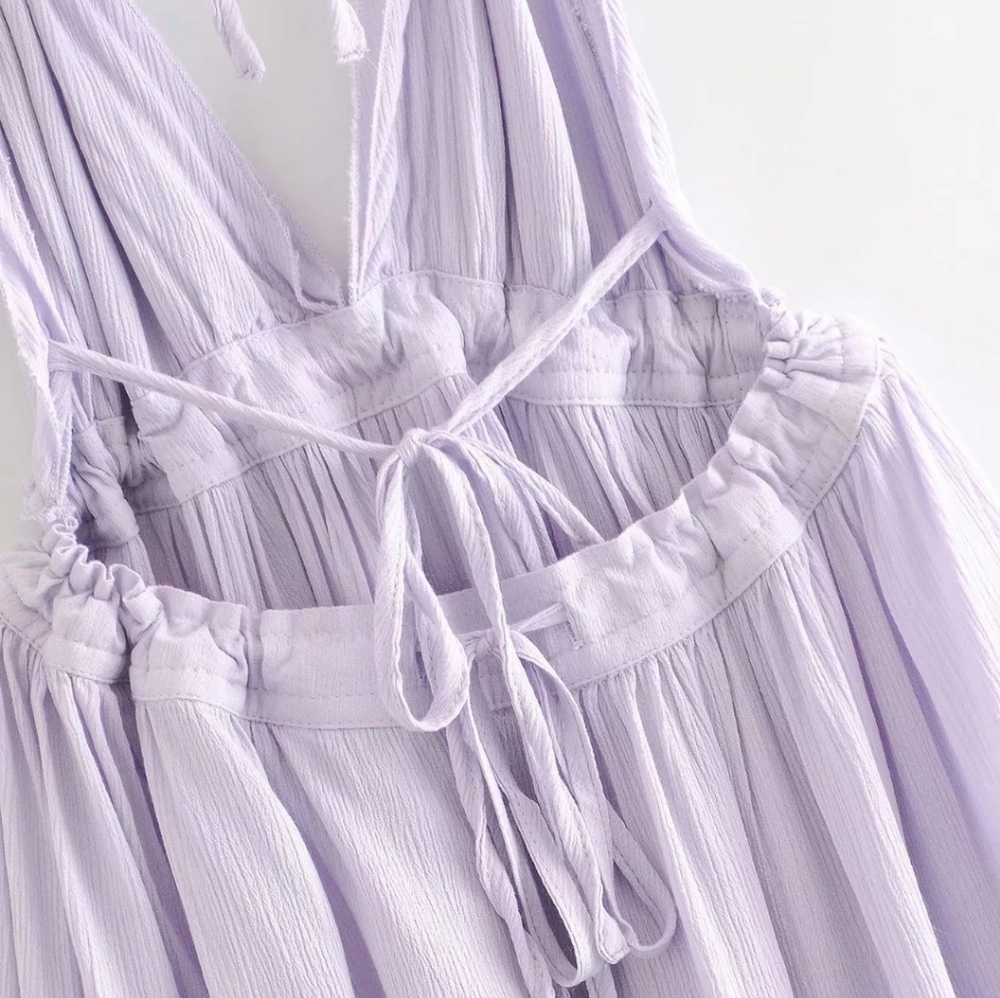 Lilac Layered Mesh Skirt Backless Halter Boho Beach Mini Dress - Picture 11 of 16